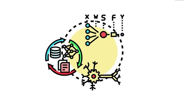 Artificial intelligence model learning process concept showing data input, neural network processing, and iterative algorithm optimization for developing innovative ai systems