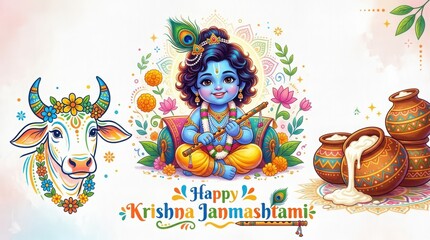 Obraz premium Cute baby Krishna holding butter pot with cow, pots, and floral decorations for happy Janmashtami Indian festival celebration.