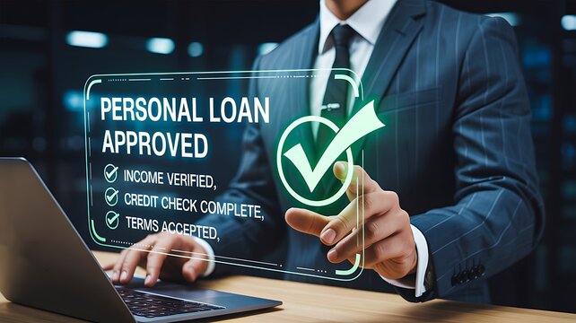 Personal loan approval concept with businessman and digital confirmation