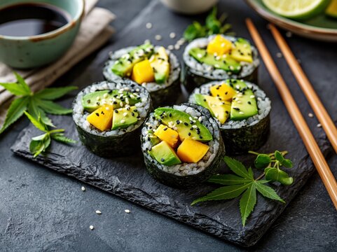 Sushi rolls with avocado and mango presented on a black stone plate in a kitchen setting during the daytime