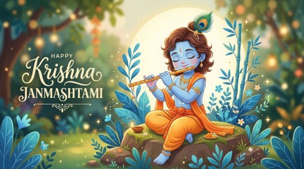 Naklejka premium Happy Krishna Janmashtami illustration of baby Krishna playing flute in lush green forest setting.