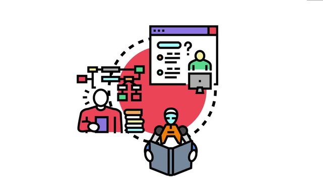 Artificial intelligence system assisting with online education. With a human and robot learning together. Embodying concepts of digital support. Knowledge transfer