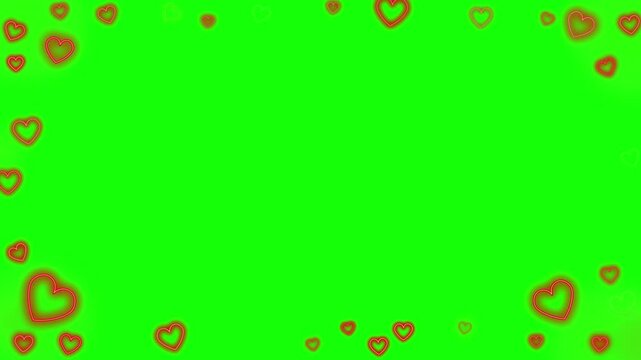 Animated red roses and glowing hearts on green screen background with video displays animated hearts floating