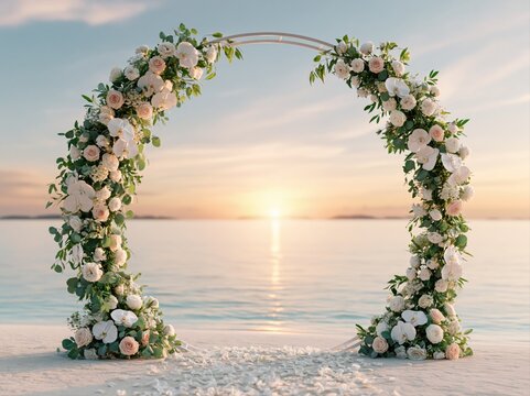 Wedding arch with flowers by the sea at sunset