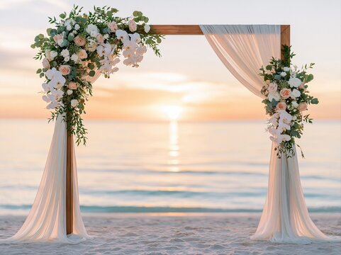 Sunset beach wedding arch with flowers and drapes by the ocean