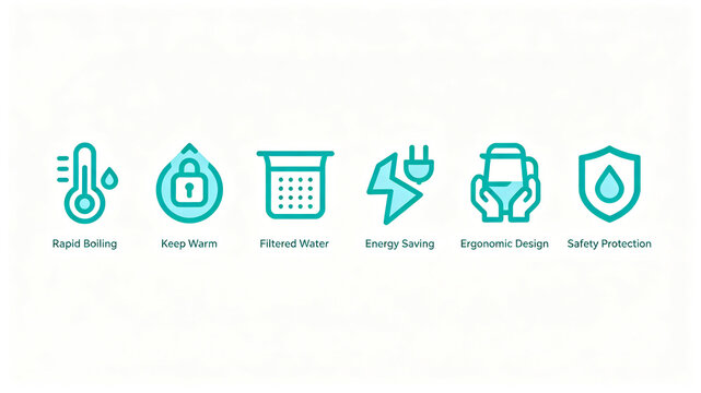 The fresh line depicts the selling point icon of the kettle, representing the ergonomic safety protection of the rapid boiling filter, suitable for product catalogs and e-commerce main image modules.
