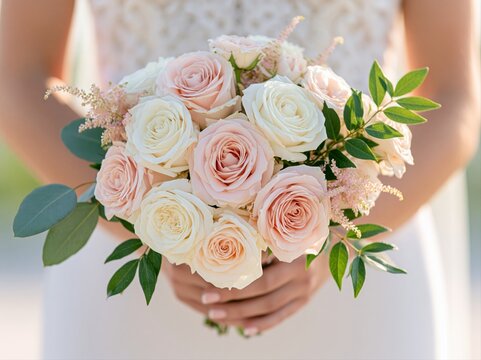Woman holding a bouquet of pink and white roses with green leaves in her hands during a sunny day