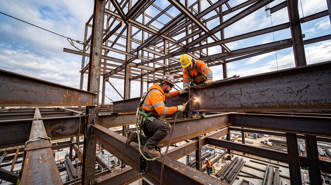 Construction workers welding steel beams on a high-rise building framework