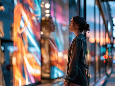 Woman looks at shop window display at sunset in a city