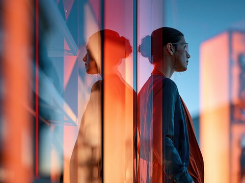 Reflection of a person standing near glass panels in a modern urban setting at sunset