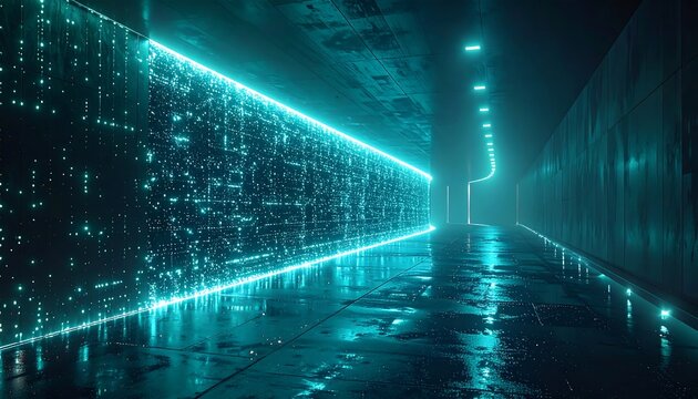 Futuristic sci-fi corridor with glowing cyan digital data wall and wet reflective floor 3D render