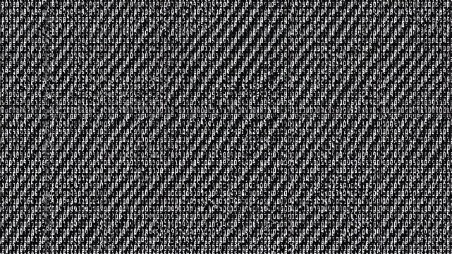 Dense monochrome tiled pattern with diagonal banding, horizontal alignment shift, visible seam line, tiny white rectangular glyphs, strong black contrast and repeating geometric texture