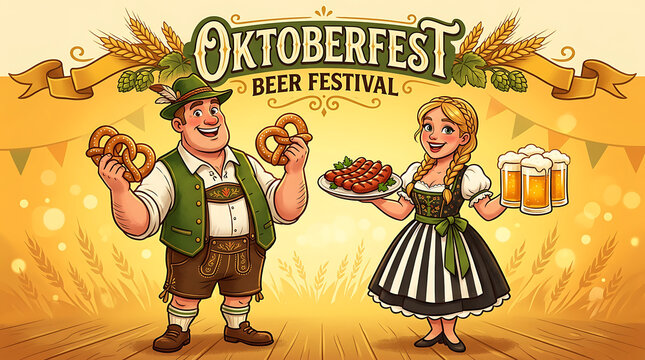 Happy couple in traditional bavarian clothing celebrating oktoberfest with beer and pretzels for beer festival promotional banner
