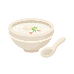 Flat vector illustration of a bowl of traditional Chinese congee (rice porridge) garnished with toppings and a matching spoon