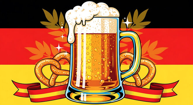 Festive oktoberfest featuring a large frothy beer mug salted pretzels and german flag background, with decorative laurel leaves