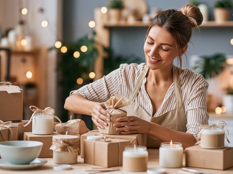 Woman wraps candles in a workshop during the evening hours in a cozy setting for small business sale