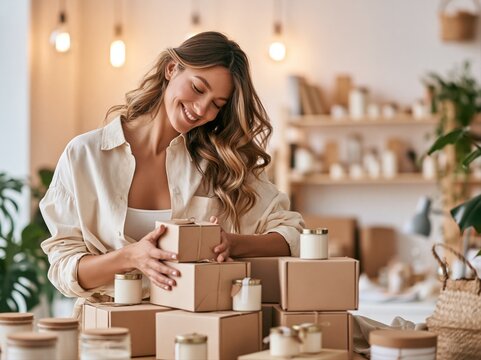 Woman organizes boxes and candles in a living room with warm lighting during the day