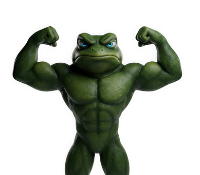 3d illustration of a muscular green frog character flexing its arms isolated on transparent background