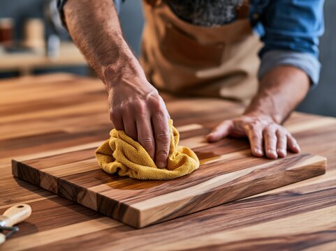 Person cleaning a wooden cutting board with a cloth in a kitchen setting during daytime
