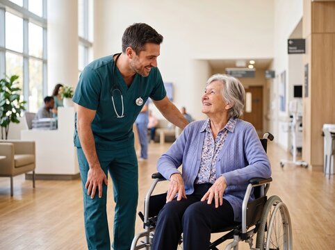 Male nurse in scrubs smiles and talks with a senior woman in a wheelchair in a bright medical hallway; stethoscope visible, supportive hand on her shoulder