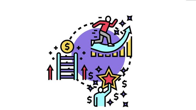 Business people striving for career progression, climbing a ladder and running up a financial graph, symbolizing ambition, achievement, and professional development