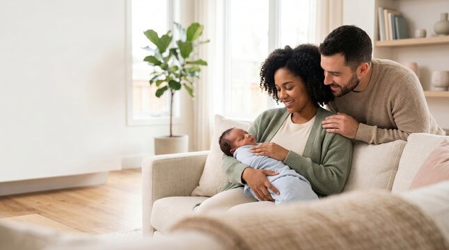 Smiling couple cuddling on sofa in bright living room, mother holding sleeping newborn in swaddle, father leaning close with hand on her shoulder, cozy family moment