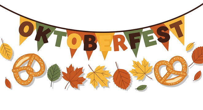Oktoberfest celebration bunting banner with traditional soft pretzels and colorful autumn leaves isolated on a clean white background