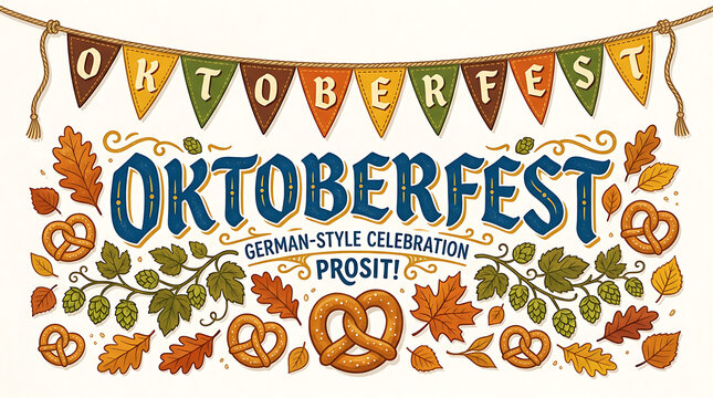 Oktoberfest german celebration banner with bunting flags, hops, autumn leaves, and soft pretzels on a cream colored background