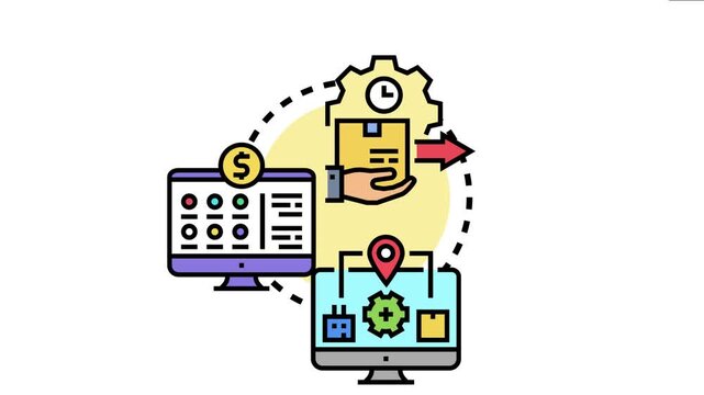 Business process showing service delivery, logistics, and payment transaction details on computer monitors, client billing and financial request for completed work