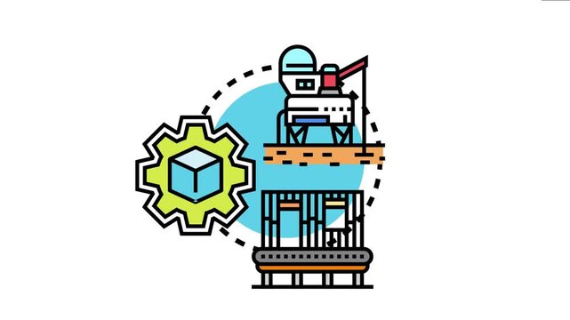 Assembling building structure process with an excavator digging land, a cogwheel with a 3d box, and a conveyor belt transporting goods, production and construction