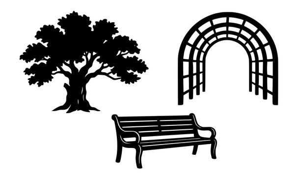 Vintage Garden Park Silhouette Collection with Old Tree Arch Tunnel and Wooden Bench