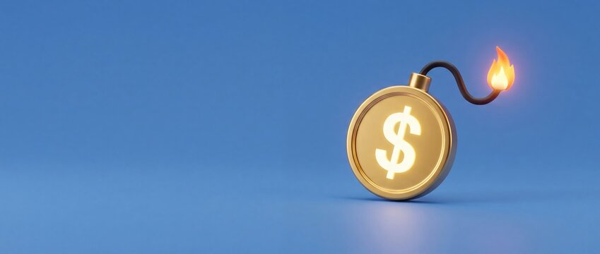 Burning gold dollar coin bomb on blue background