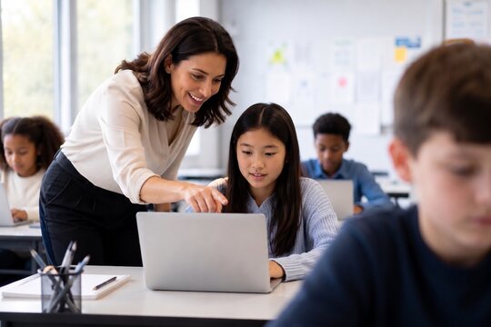 Smiling female teacher helping focused Asian student pointing at laptop screen in modern school computer class. Diverse group of children learning technology and programming in classroom.