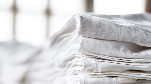 Freshly laundered white linen stack in bright daylight with soft texture, clean fabric folds, and wide negative space