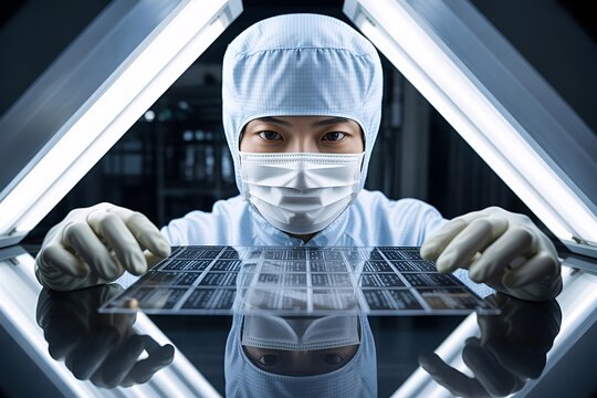 Technician with Silicon Wafer Inside Semiconductor Cleanroom