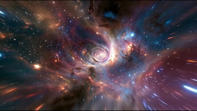 Bright clouds of gas and dust form a corridor in space that recedes as the camera moves through different angles and depths.