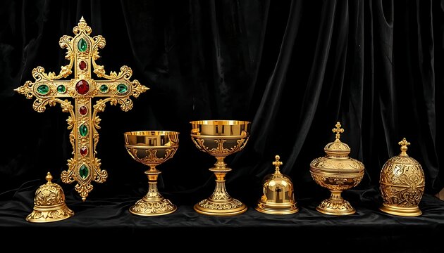 Elegant gold religious artifacts including a cross with gemstones and ornate chalices displayed on a dark velvet background