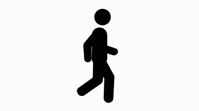 Simple black stick figure walking animation on isolated white background, represents movement and human activity