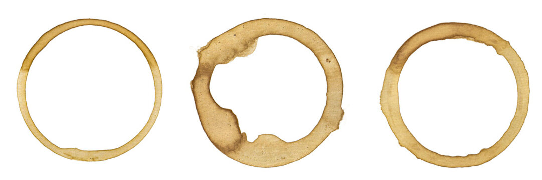 Set collection of real coffee stains, coffee rings, coffee imprints, coffee cup imprint, coffe print, isolated on transparent or white background png..