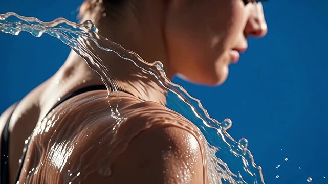 Close-up of swimmer's shoulder and deltoid as water splashes over skin, showcasing the dynamic movement and fluidity of swimming in a vibrant blue background