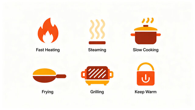 Flat kitchen appliance mode icon group, fast steaming and stewing, frying and grilling insulation, suitable for cross-border pages and main image modules of multi-purpose pots
