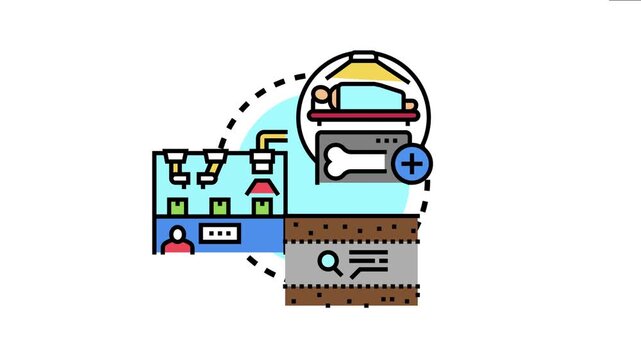 Illustration showcasing an iterative process of medical assessment and diagnosis, followed by industrial production and technology calibration, and data analysis for optimization