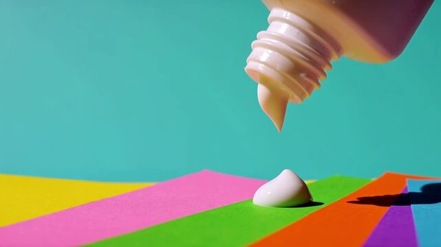 Close-up macro shot of white glue being squeezed from a blank bottle onto colorful paper strips in a vibrant setting with a blue background