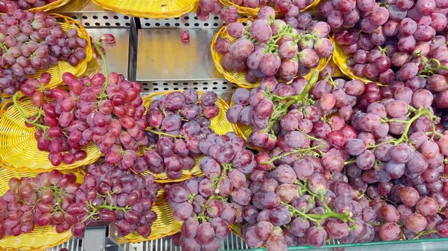 Fresh Grape Varieties in Supermarket Fruit Section &ndash; Green, Red and Black Table Grapes on Display
