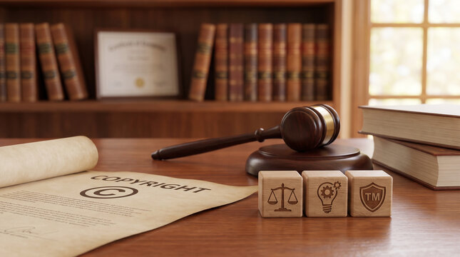Intellectual property law concept with copyright document blocks and court gavel on desk