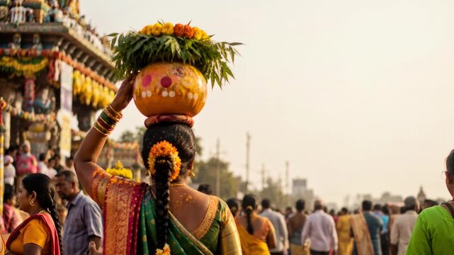 Traditional Indian woman carrying a decorated pot on her head during a festive religious procession amidst a crowd, showcasing vibrant cultural heritage, faith, and devotion in a vibrant street celebr