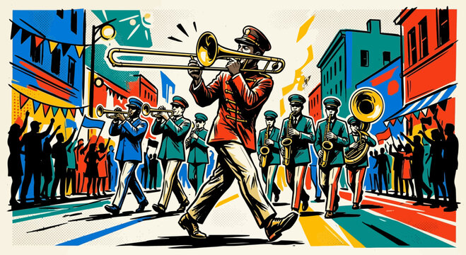 Brass band marching street parade, musicians in uniform, festive atmosphere, vibrant colors