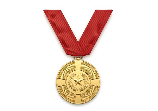 A gold medal with a red ribbon around it