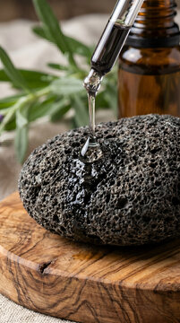 Glass dropper dispensing essential oil onto black porous lava stone outdoors
