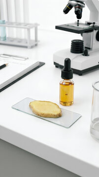 Modern microscope and amber dropper bottle examining yellow organic substance